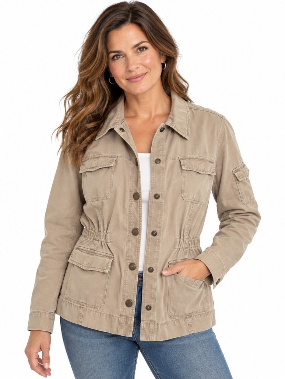 Caribbean Joe Utility Jacket Size L Tan 100% Cotton Safari Field Cargo